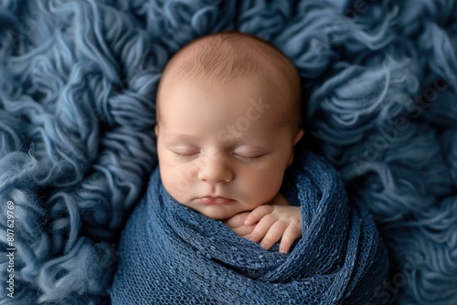 Peaceful newborn baby boy sleeping soundly wrapped in a blue blanket. AI.
