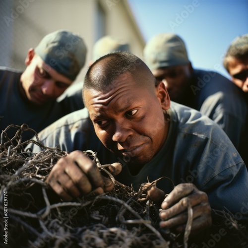 A group of men in prison garb are working on a pile of metal wiring. AI. photo