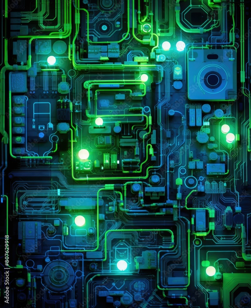 Glowing green circuit board. AI. Glowing green circuit board. AI.