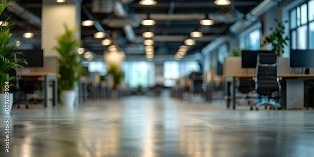 Abstract blurred photo of an empty office space with green plants. AI.