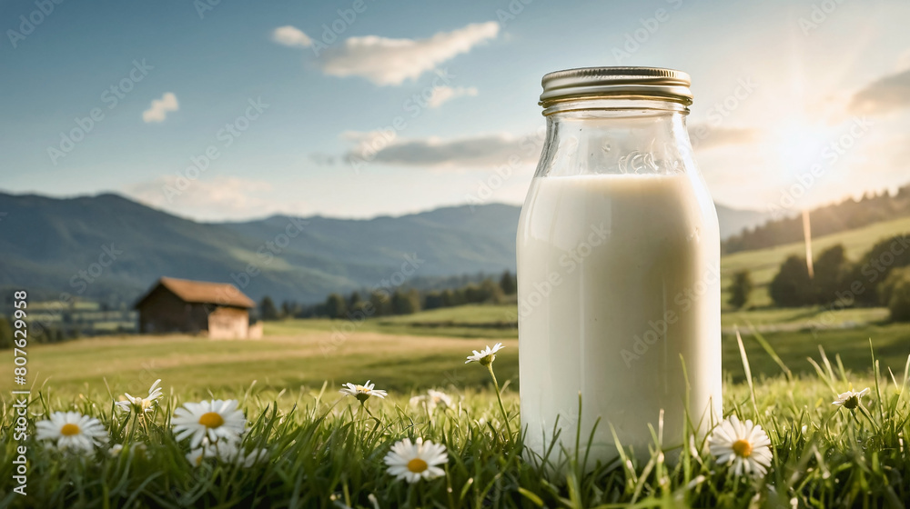 Glass bottle of fresh milk on green grass alpine meadow with flowers and mountain village in the background at sunrise. Dairy food Glass bottle of fresh milk on green grass alpine meadow with flowers and mountain village in the background at sunrise. Dairy food