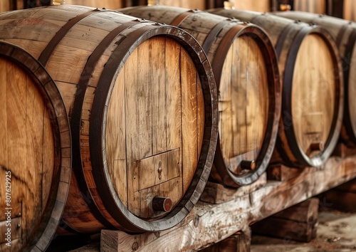 Aged Wooden Wine Barrels Lined Up in a Rustic Winery Cellar.