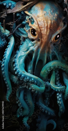 A close-up of a blue octopus with yellow eyes. AI.