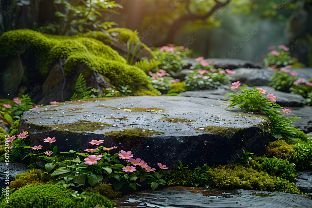 Stone podium at magic forest, plants, green moss, herbs, dew - 3D mockup background beauty product presentation concept. Copy space platform for Cosmetics, perfume fashion sales advertising stand. Stone podium at magic forest, plants, green moss, herbs, dew - 3D mockup background beauty product presentation concept. Copy space platform for Cosmetics, perfume fashion sales advertising stand.