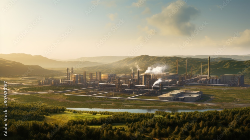 industrial complex nestled amidst a lush green landscape, 