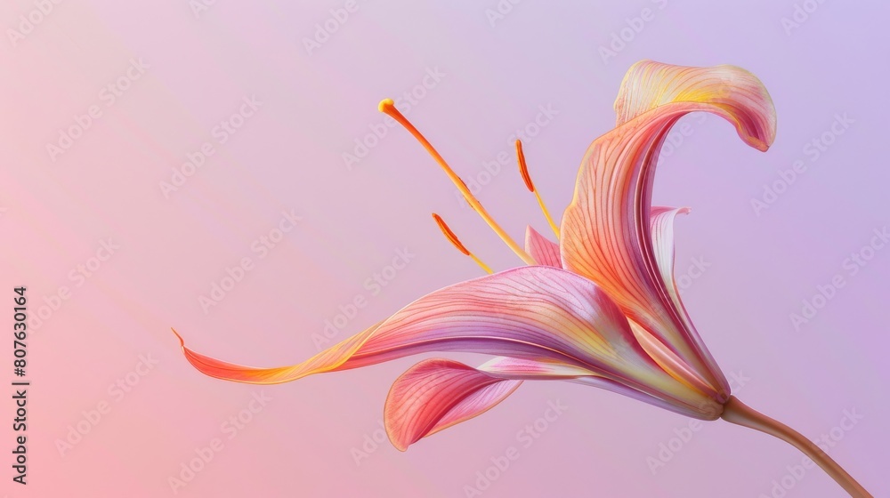 Artistic poster of a lily flower levitating, stark against a minimalist background to highlight its elegant curves and vibrant colors
