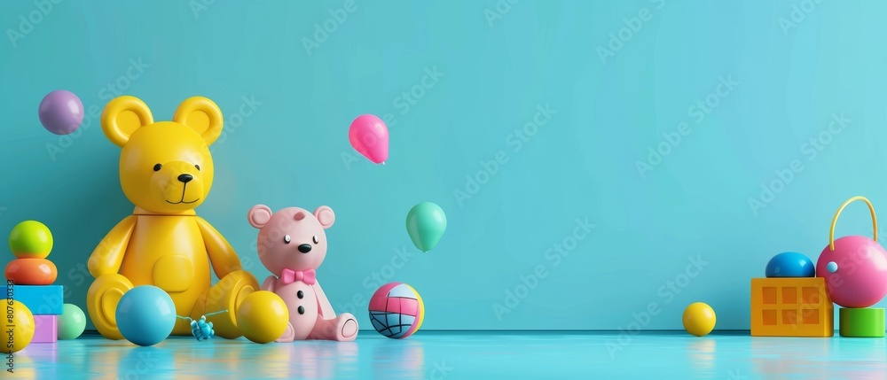 A bright playroom scene featuring colorful toys, including a large yellow teddy bear, balls, and floating balloons on a teal background.