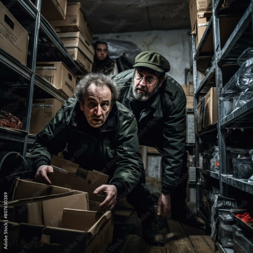 Two men searching through boxes in a dark warehouse. AI.