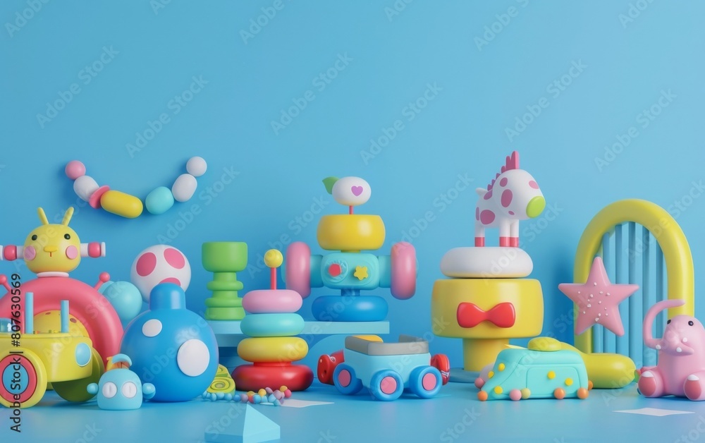 A vibrant array of childrens toys set against a soft blue background, highlighting shapes, colors, and various playful designs.