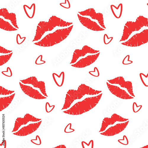 Mark lips woman red lipstick pattern seamless with heart background illustration