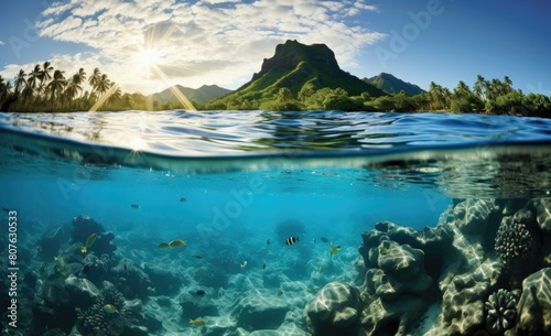 A beautiful split image of a tropical beach and the underwater world. AI.