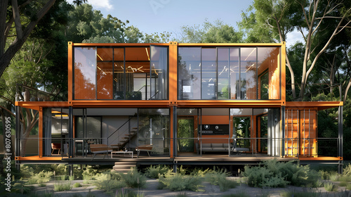 Three level container house design, steel frame structure with glass windows and doors on the second floor, orange exterior walls, surrounded by trees in an outdoor environment © Pik_Lover