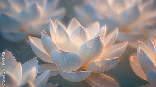 Abstract representation of lotus petals segmented and floating freely, using negative space to explore the flowers connection to enlightenment and rebirth
