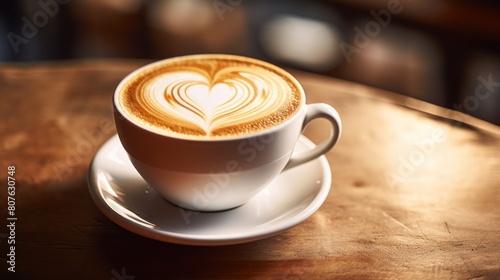 cup of latte with a delicate heart-shaped design crafted by the barista, 