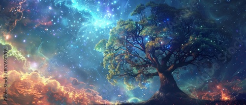A vivid cosmic scene blending an ancient trees silhouette with the dazzling dance of stars  nebulas  and celestial colors.