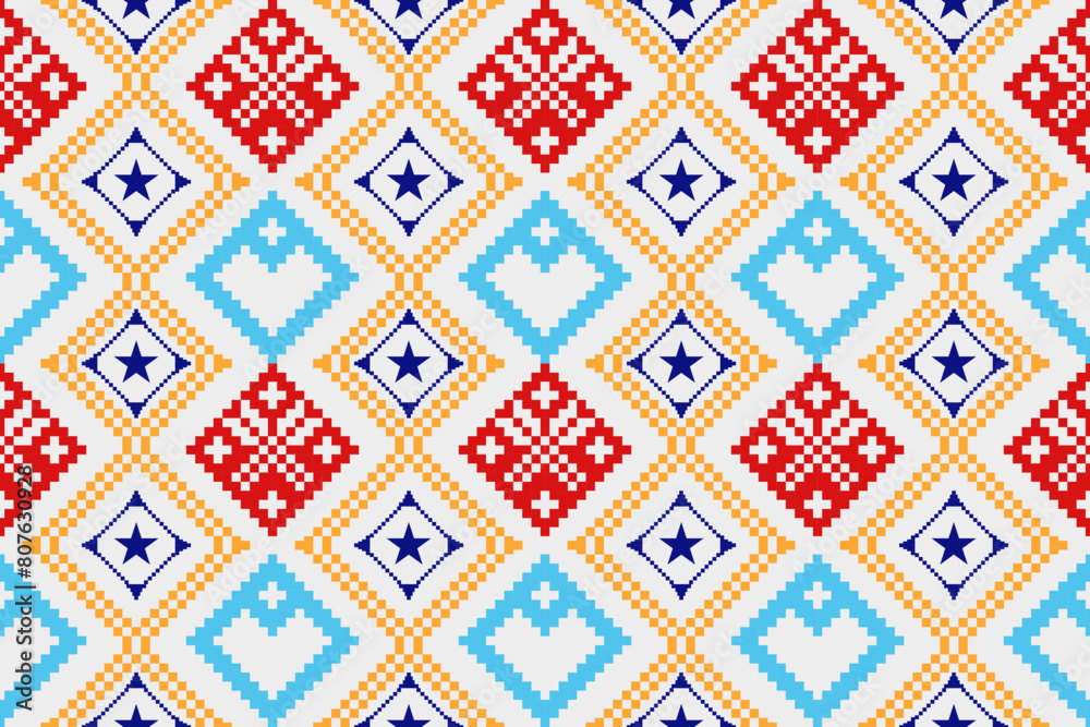 Pixel pattern ethnic oriental traditional. design fabric pattern textile African Indonesian,Indian, America seamless pattern. Aztec style abstract vector illustration for print clothing, texture, fabr
