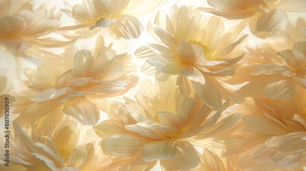 Abstract representation of Chrysanthemum petals segmented and floating freely, using negative space to explore the flowers symbolic meanings of longevity and fidelity