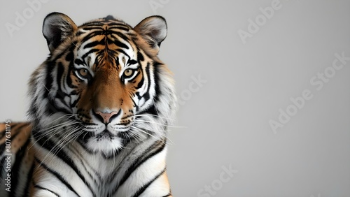 Adult tiger isolated on white background with intense gaze. Concept Animal portrait, Intense gaze, Tiger, Wildlife, White background