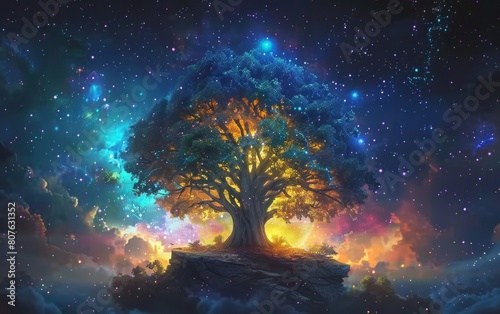 This ethereal depiction of the Tree of Life illuminates a cosmic landscape with vibrant hues  merging nature with the celestial.