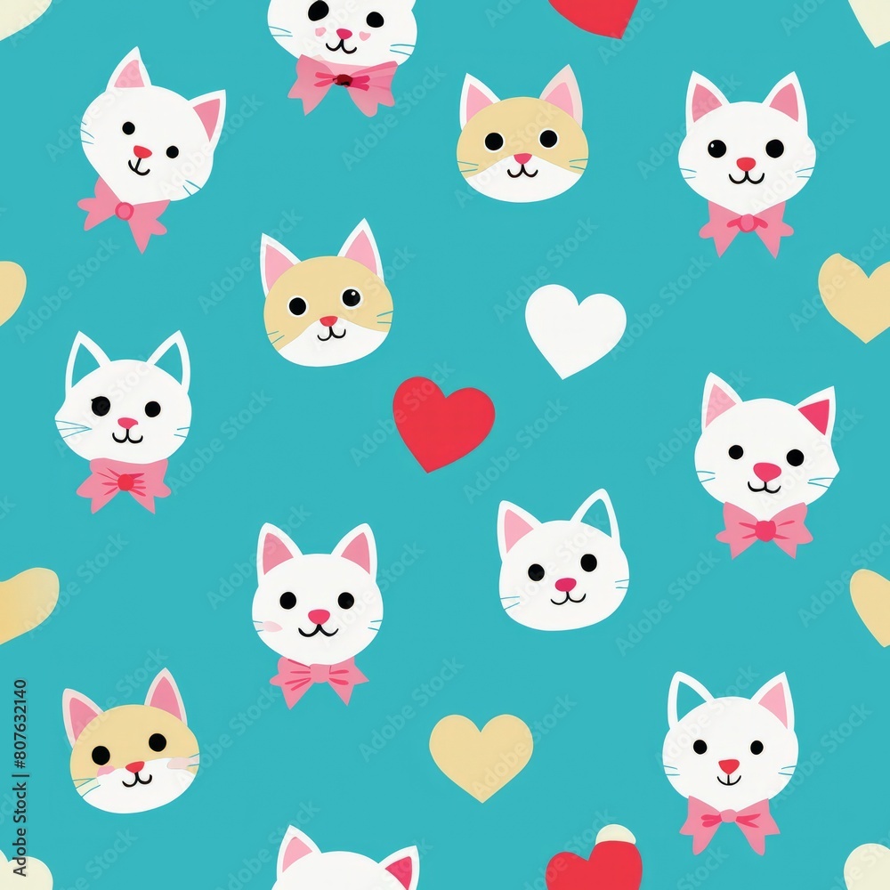 Seamless pattern of playful kittens and puppies wearing heart-shaped bows and ribbons for a cute and charming design, Generative AI