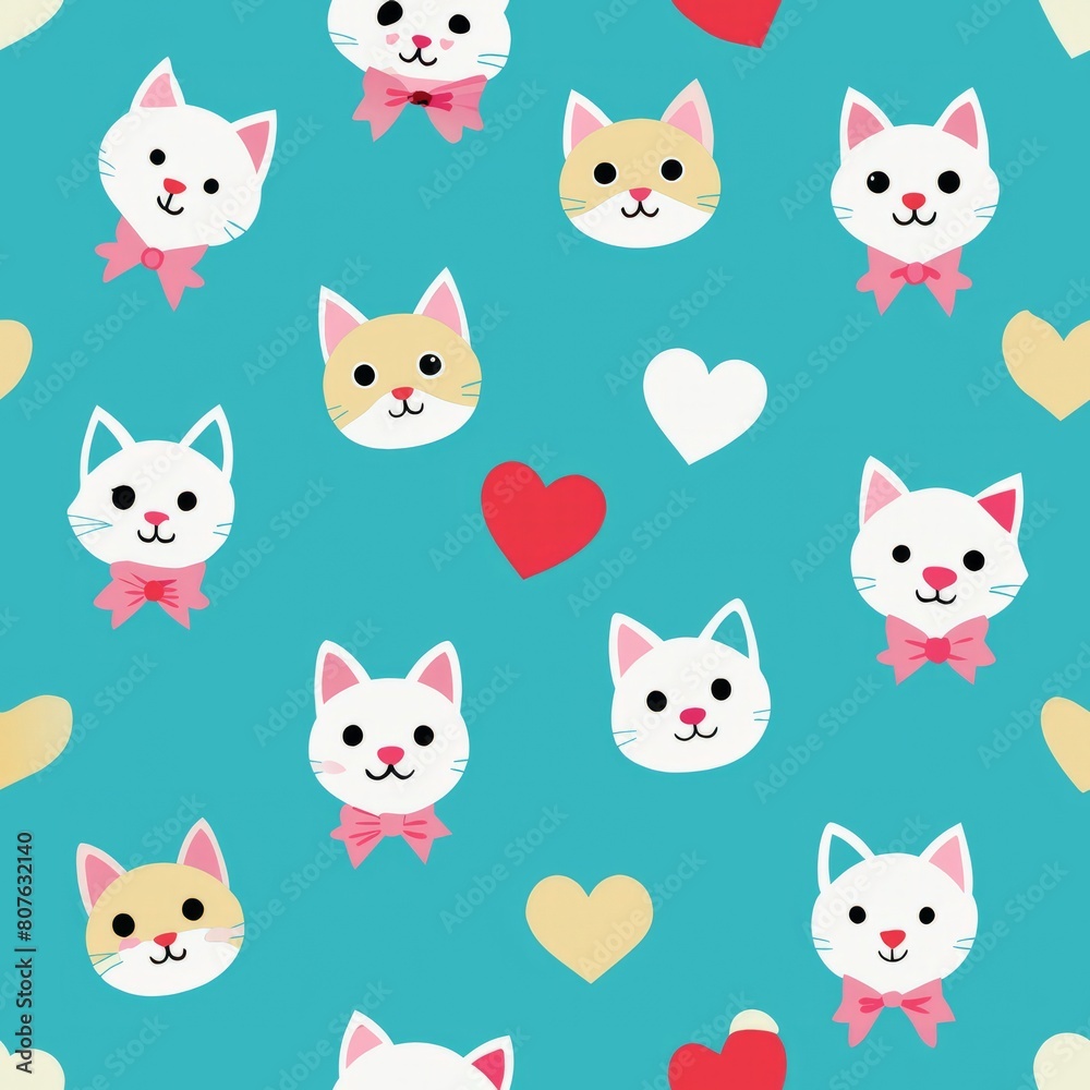 Seamless pattern of playful kittens and puppies wearing heart-shaped bows and ribbons for a cute and charming design, Generative AI Seamless pattern of playful kittens and puppies wearing heart-shaped bows and ribbons for a cute and charming design, Generative AI