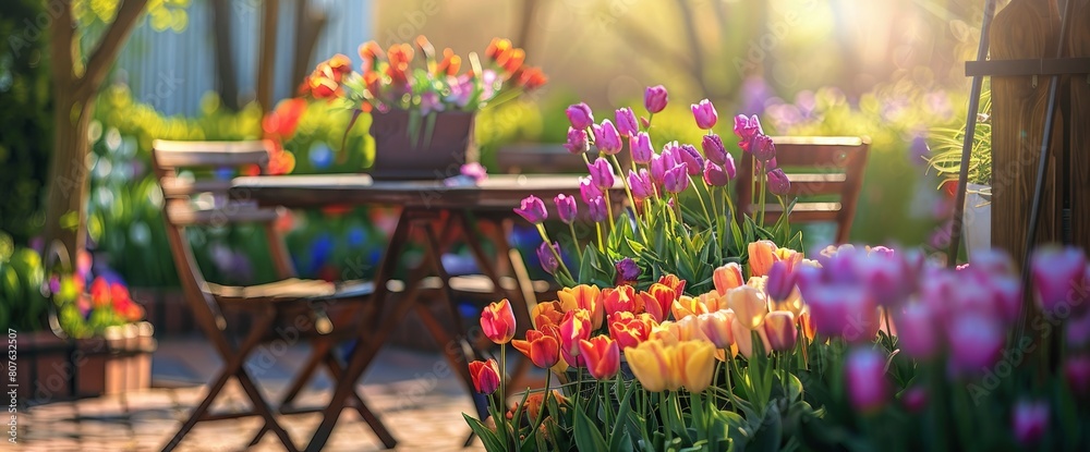 Fototapeta premium Tulips On The Patio Offer A Vibrant Display Of Nature'S Beauty, With Colorful Blooms Brightening Up The Outdoor Space, Background HD For Designer 