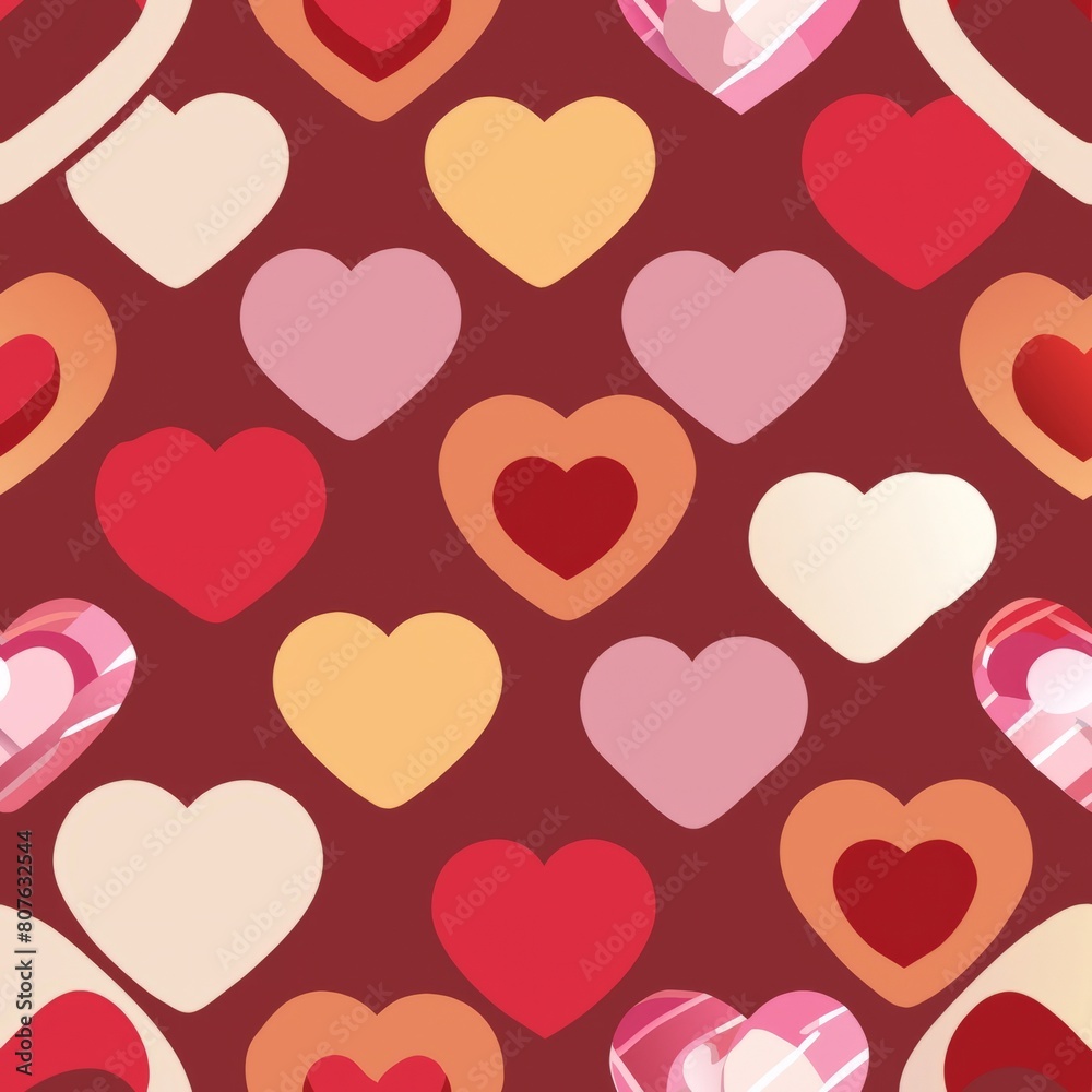 Seamless pattern of sweet candies and chocolates in heart-shaped boxes, perfect for a Valentine's Day treat, Generative AI
