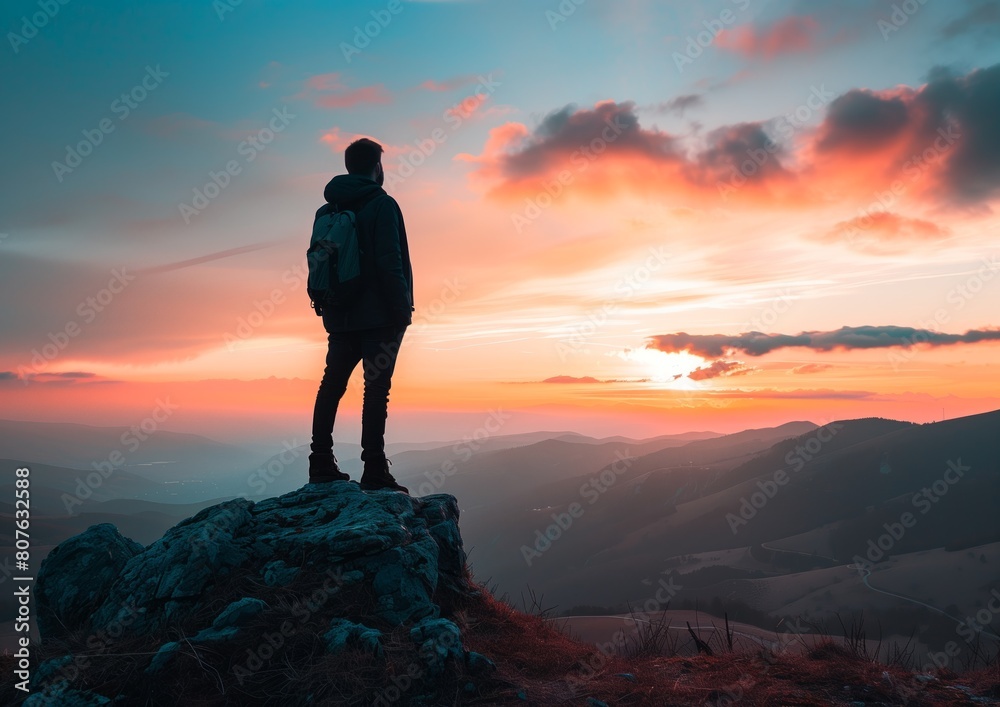 Man Standing on Mountain Top at Sunset, Inspirational Travel Landscape