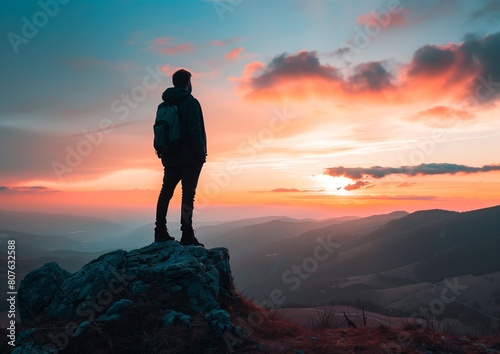 Man Standing on Mountain Top at Sunset  Inspirational Travel Landscape