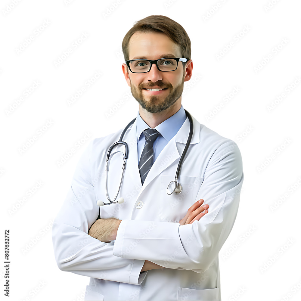 A doctor with a beard and glasses standing with his arms crossed, a man wearing a white coat and glasses A doctor with a beard and glasses standing with his arms crossed, a man wearing a white coat and glasses