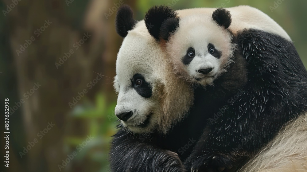 heartwarming scene of a baby panda clinging to its mother's back, their fluffy fur and gentle expressions evoking a sense of tenderness. heartwarming scene of a baby panda clinging to its mother's back, their fluffy fur and gentle expressions evoking a sense of tenderness.