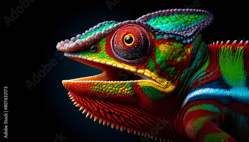 a colorful chameleon with its mouth open, set against a dark background