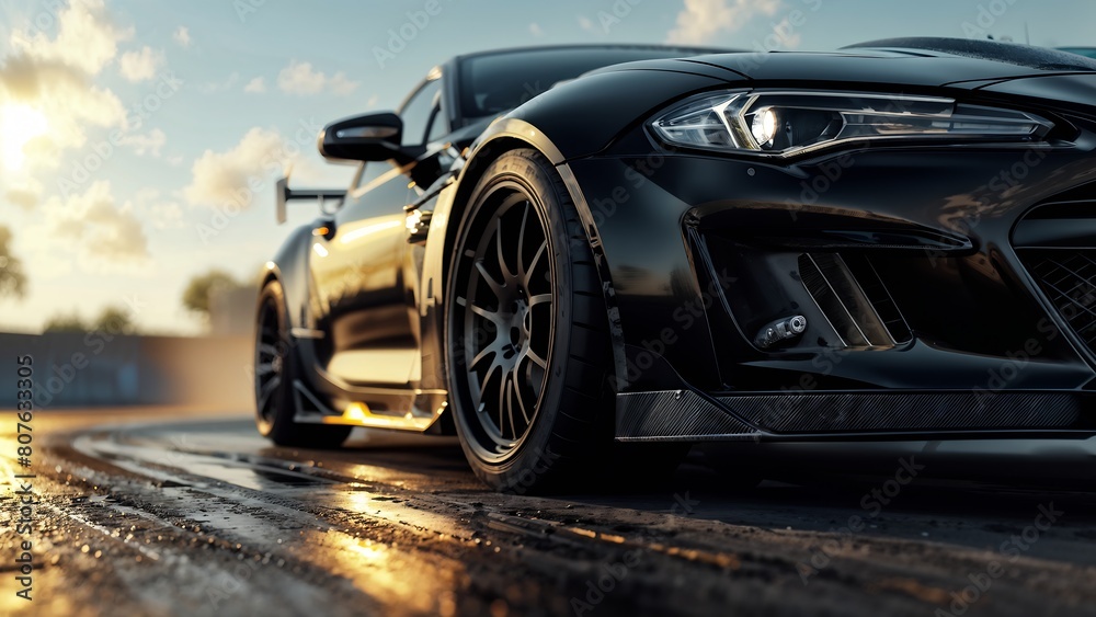 Tire Of Black Sports Car Ground Level Close Up Tire In High Motion Drifting Action. Generative AI Tire Of Black Sports Car Ground Level Close Up Tire In High Motion Drifting Action. Generative AI