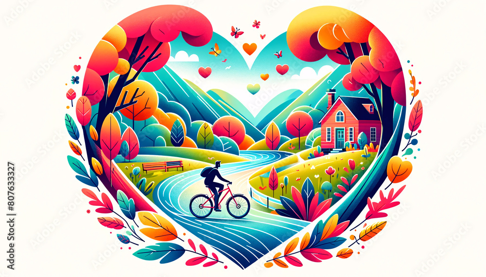 Fototapeta premium playful illustration of a man cycling through a heart-shaped landscape