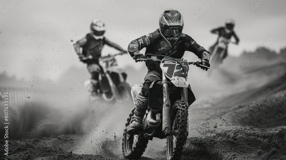 motocross race captured in a black and white photo, emphasizing the drama and intensity of the competition without the distraction of color. motocross race captured in a black and white photo, emphasizing the drama and intensity of the competition without the distraction of color.