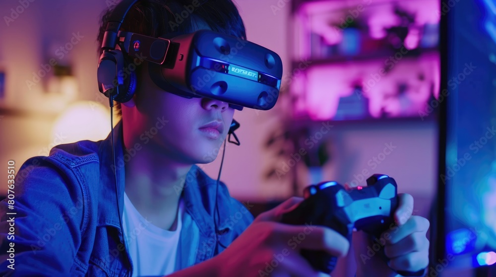 Young male gamer using controller (joystick) to play online video game with VR glasses and headphones in front of computer at living room, Concept of E-sports and Pro Cybersport. Young male gamer using controller (joystick) to play online video game with VR glasses and headphones in front of computer at living room, Concept of E-sports and Pro Cybersport.