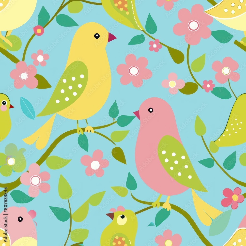 Seamless pattern of whimsical lovebirds perched on flowering branches, singing sweet melodies to each other, Generative AI Seamless pattern of whimsical lovebirds perched on flowering branches, singing sweet melodies to each other, Generative AI
