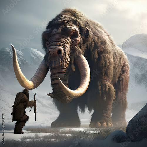 Cavemen hunting wooly mammoth Generative AI