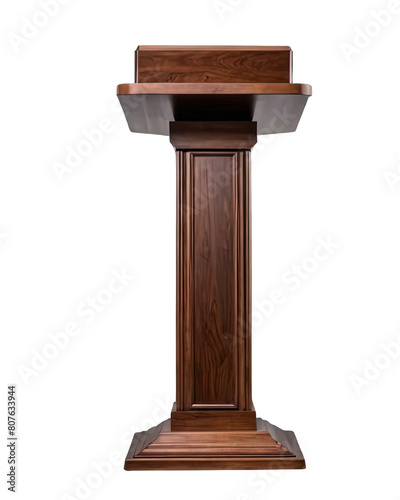 The podium set, lectern collection, brown wood speech stand and microphone, different forms and angles, and isolated transparent PNG are all included. both contemporary and historic. cut out & white b