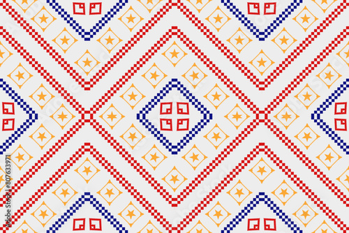 Pixel pattern ethnic oriental traditional. design fabric pattern textile African Indonesian,Indian, America seamless pattern. Aztec style abstract vector illustration for print clothing, texture, fabr photo