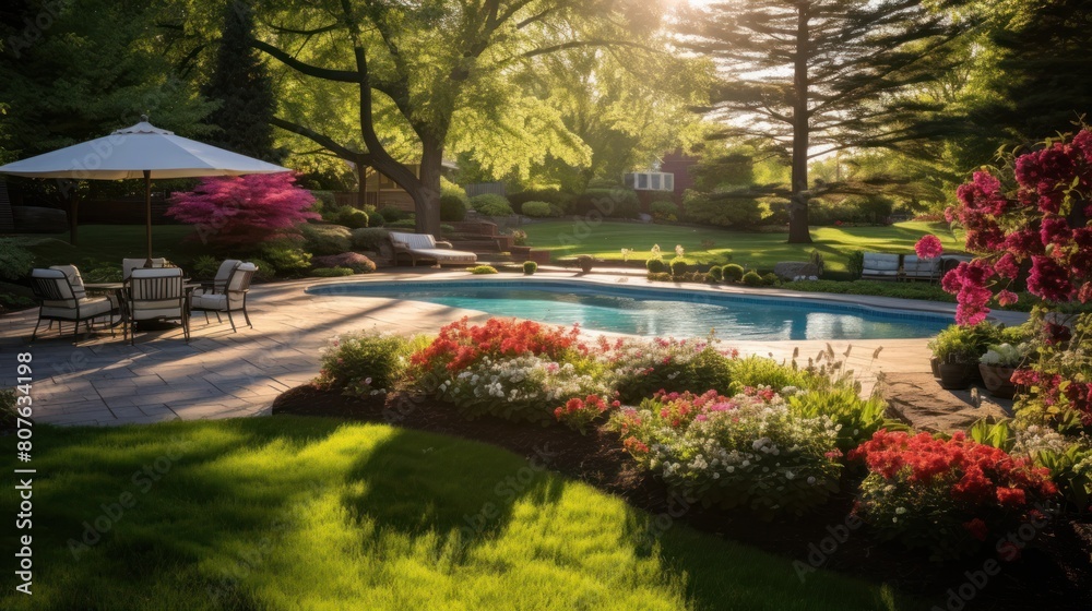 a sparkling pool, surrounded by a manicured lawn and colorful flowerbeds, 