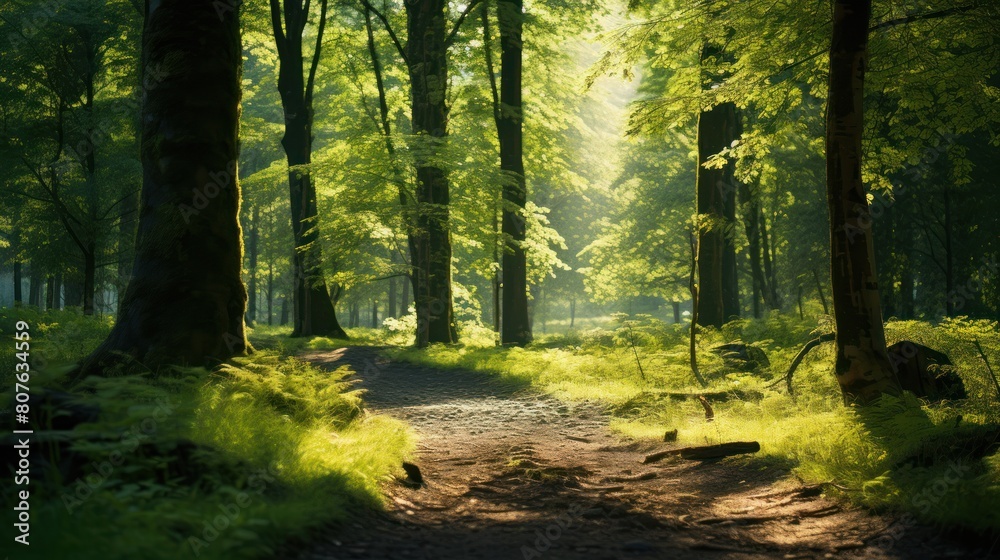 forest scene with lush greenery and sunlight filtering through the trees. 