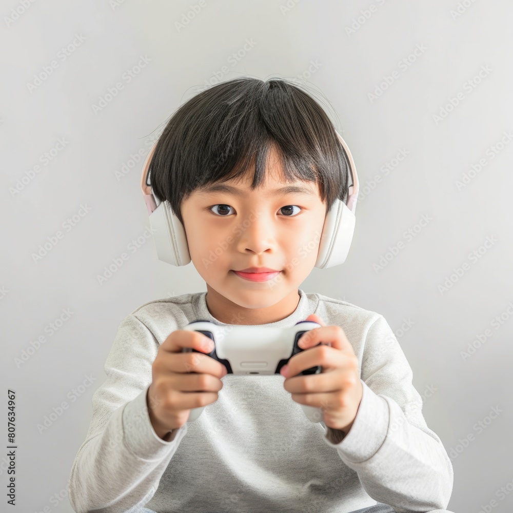 Young Asian boy holding joystick (game controller) to play video game in headphones on gray background. Young Asian boy holding joystick (game controller) to play video game in headphones on gray background.