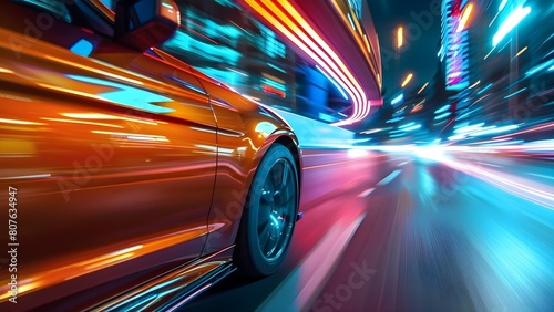 Quick car speeding through city at night with blurred lights streaking. Concept Night Photography, Urban Landscapes, High Speed Motion, City Lights, Blurred Motion