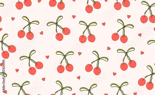Funny Groovy seamless pattern in trendy retro style. Retro y2k style. Retro hipster y2k pattern. Cute Coquette Bow. Coquette Girly. Doodle Bow pattern in y2k style. Coquette Aesthetic.