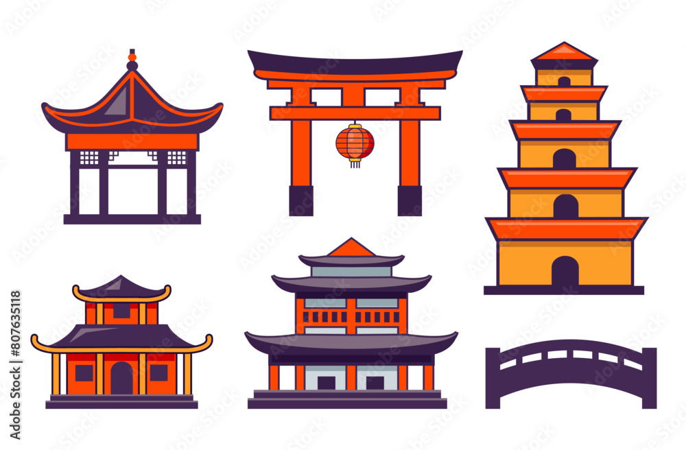 set of vector asian style buildings set of vector asian style buildings