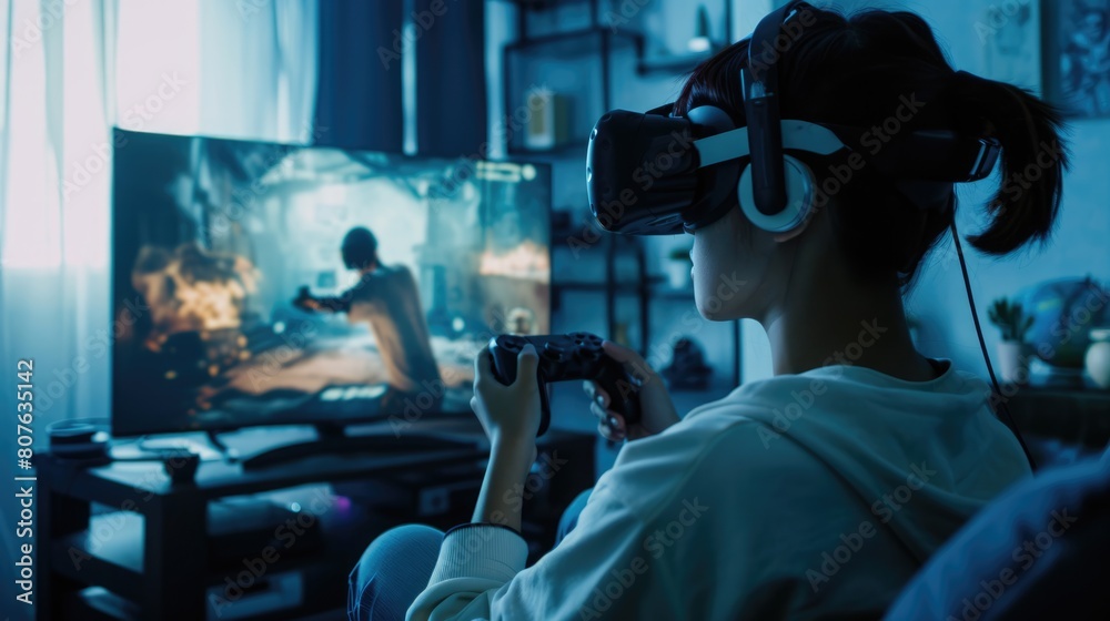 Young female gamer using controller (joystick) to play online video game with VR glasses and headphones in front of computer at living room, Concept of E-sports and Pro Cybersport. Young female gamer using controller (joystick) to play online video game with VR glasses and headphones in front of computer at living room, Concept of E-sports and Pro Cybersport.