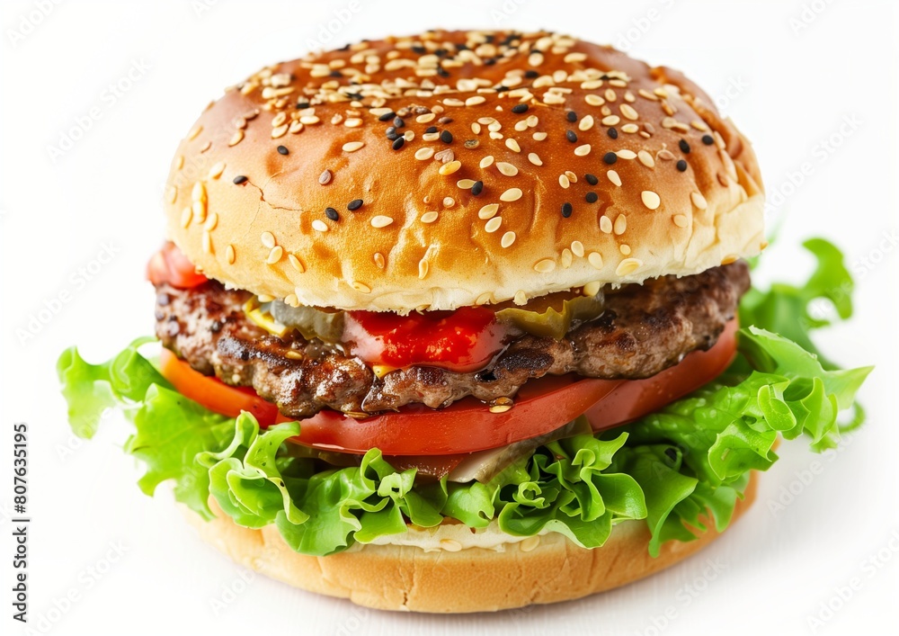 Fresh Classic Beef Burger with Sesame Bun and Vegetables Isolated on White Background