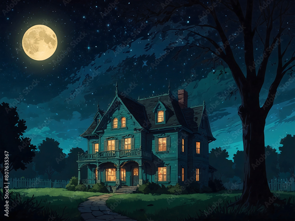 Haunting house under a full moon. A mysterious house stands silhouetted against a dark, starlit sky