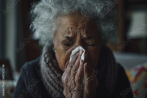 Elderly woman blowing her nose on couch